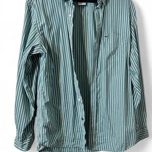 Lacoste Regular Fit  Green and White striped button-down shirt Size 40